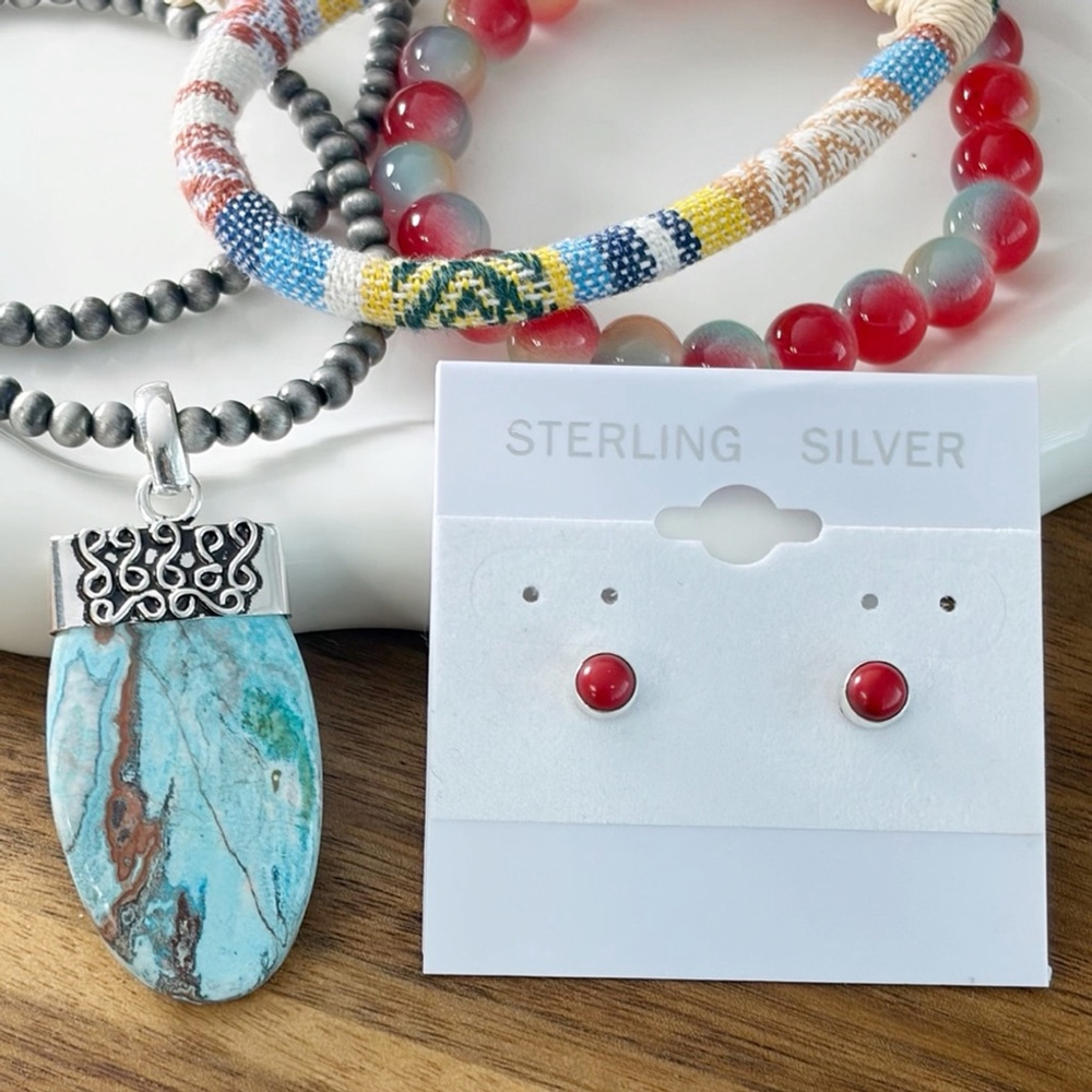 Mexican Laguna Agate Pendant Coral Earrings Bracelets Sterling Silver 925
